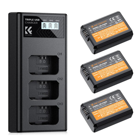 [BRAND NEW] K&F Concept NP-FW50 (3-Pack) 1100mAh Rechargeable Camera Battery Replacement and Triple / Dual Slot Charger Kit