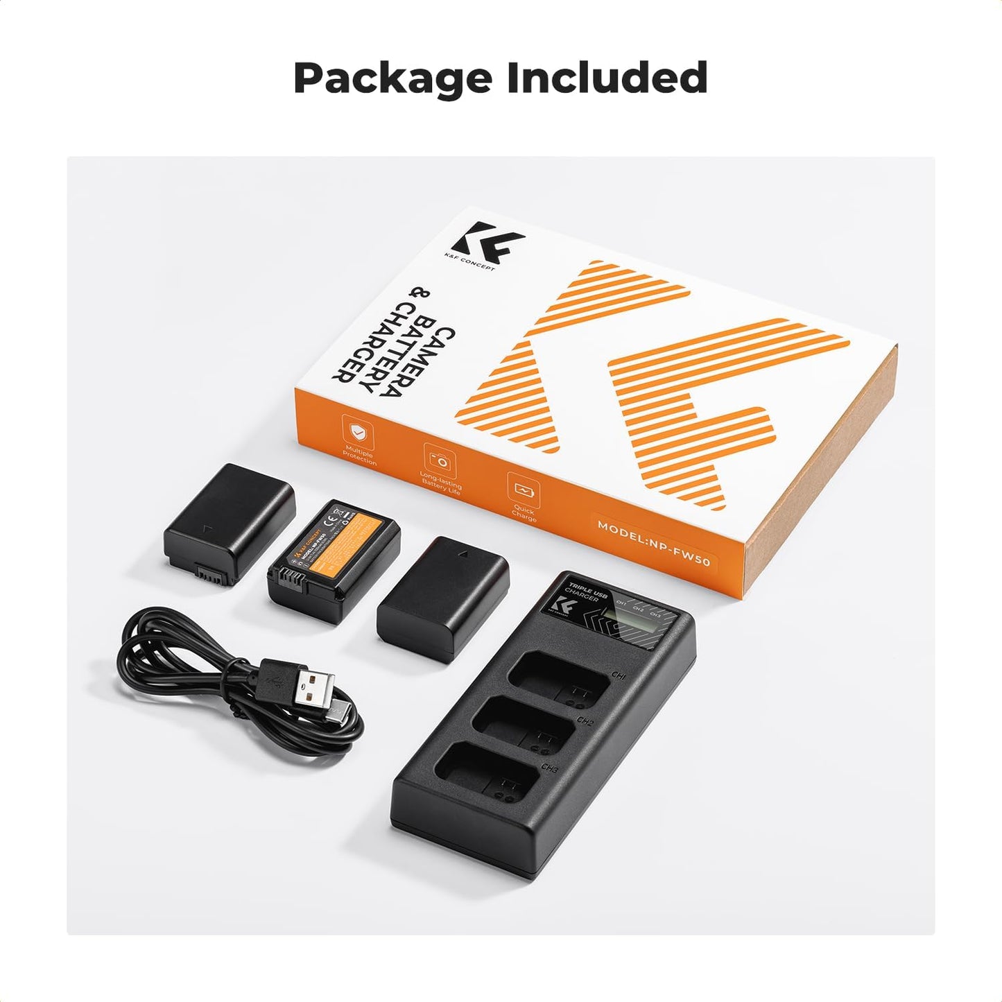 [BRAND NEW] K&F Concept NP-FW50 (3-Pack) 1100mAh Rechargeable Camera Battery Replacement and Triple / Dual Slot Charger Kit