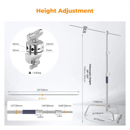 [BRAND NEW] K&F Concept Stainless Aluminum Alloy Heavy Duty C Stand with Boom Pole, Air Cushioned with 3.3m Max Operatiol Height, 20kg Max Load Capacity